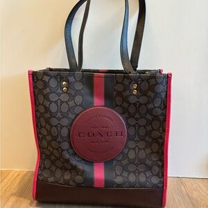 Coach Dempsey Tote Bag In Signature Jacquard, Stripe And Coach Patch 1917